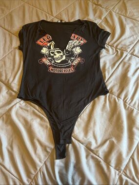Fashion Nova Black Graphic Womens One-Piece Bodysuit with Motorcycle Skull Print